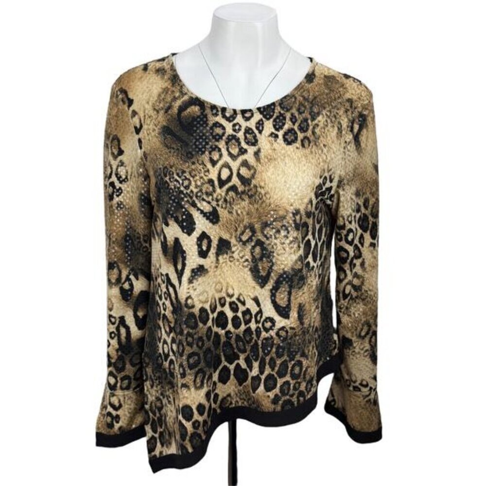 JOSEPH RIBKOFF Leopard Print Sequin 3/4 Sleeve Blouse Top Women's Sz 12